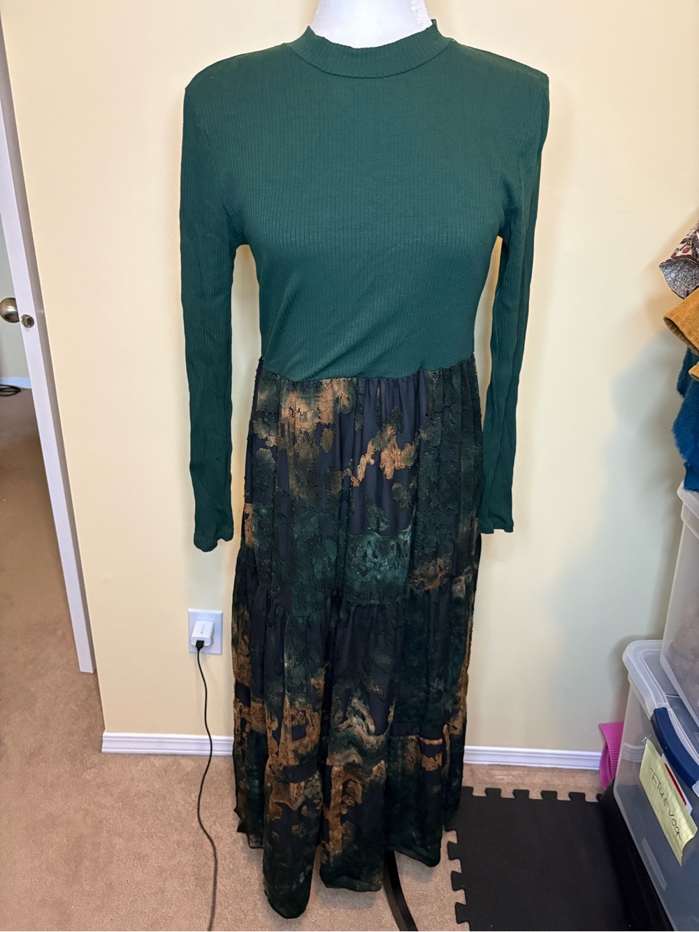 Desigual Forest Green Long Sleeve Mixed-Media Maxi Dress with Earthy Print
